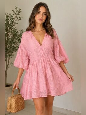 Aveloria Pink Textured Puff Sleeve V-Neck Mini Dress Size L BNWOT